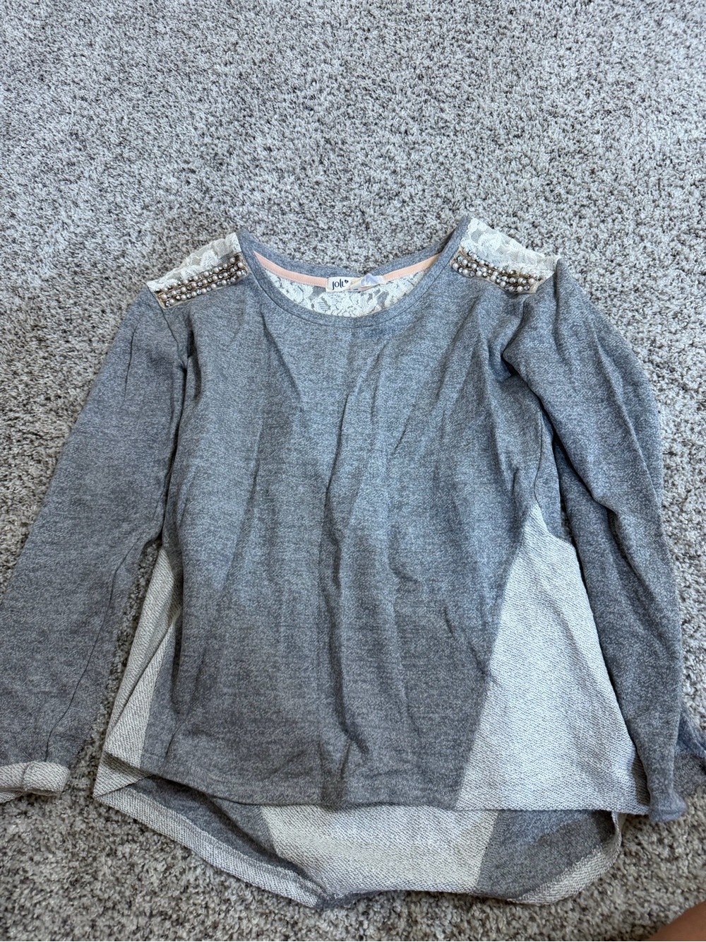 Gray Lace & Pearl Shoulder Sweater Top